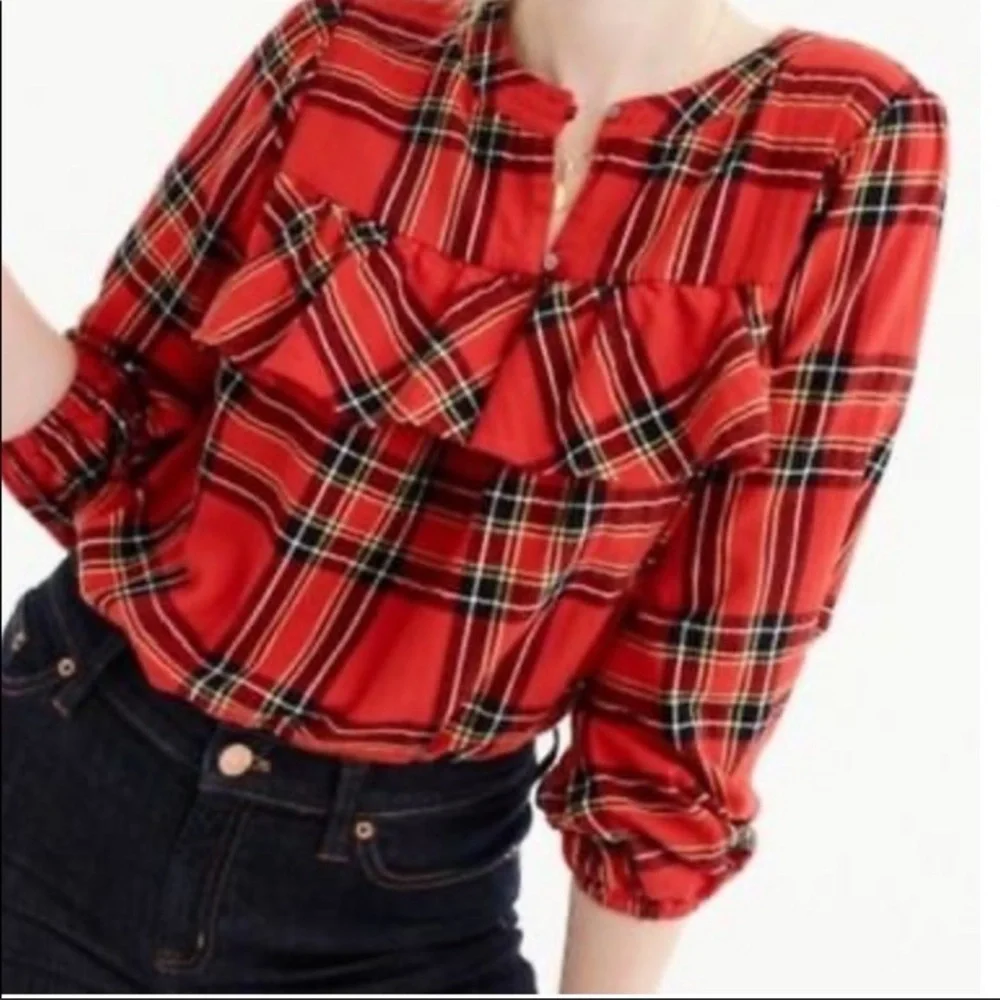 J. Crew Flannel Top In Festive Plaid And Ruffle